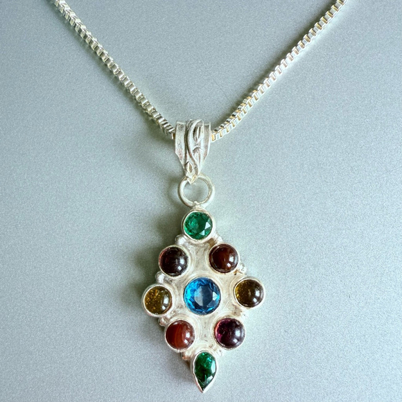 Multi Color Cubic Zirconia Sterling Silver Rhombus Pendant Chain Necklace